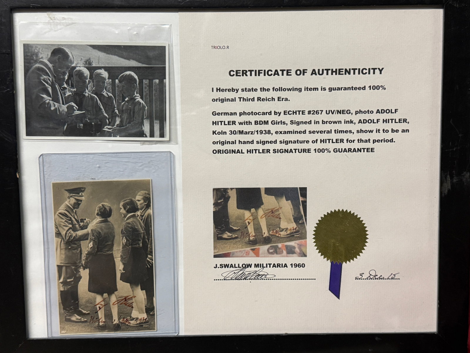 WW2 GERMAN SIGNED A. HITLER PHOTOGRAPH BY ADOLF HITLER WITH COA: WW2 GERMAN SIGNED A. HITLER PHOTOGRAPH BY ADOLF HITLER WITH COA. GERMAN PHOTOCARD BY 3CHTE #267 UV/NEG, PHOTO OF ADOLF HITLER WITH BDM GIRLS, SIGNED IN BROWN INK, ADOLF HITLER, KOLN 30/MARZ/1938, EXAM