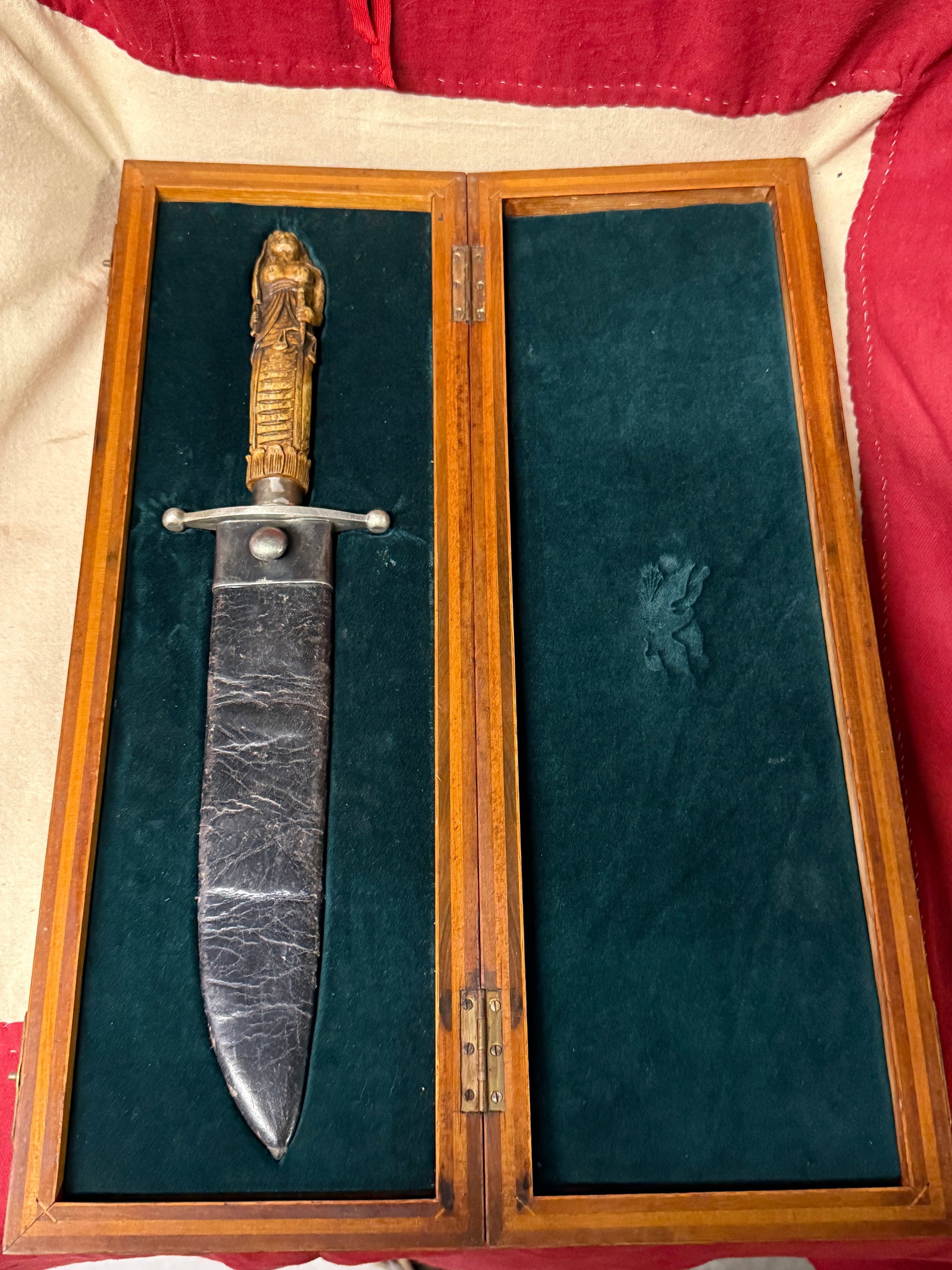 CASED CIVIL WAR LADY LIBERTY "LIBERTY FOR ALL" BOWIE KNIFE BY UNWIN & RODGERS: CASED CIVIL WAR LADY LIBERTY "LIBERTY FOR ALL" BOWIE KNIFE BY UNWIN & RODGERS. AN ULTRA RARE FIND THAT IS IN MINT OVERALL SHAPE AND CONDITION WITH A BEAUTIFUL OVERALL PATINA. HAS A GREAT LOOK TO IT WI