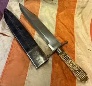 CIVIL WAR GAMBLERS DICE ENGRAVED BONE HANDLE BOWIE KNIFE BY I-XL G. WOSTENHOLM SHEFFIELD