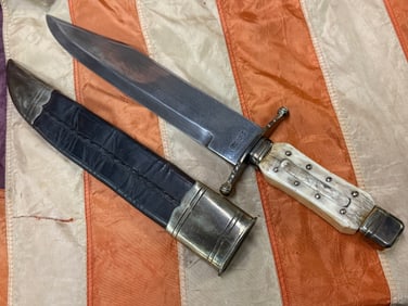 1800'S BONE HANDLE CLIP POINT BOWIE KNIFE WITH SHEATH BY THOS SHORT JR. SHEFFIELD