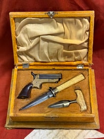 ID'D CIVIL WAR CASED SET W/ 4 SHOT SHARPS PISTOL, M. PRICE KNIFE AND PUSH DAGGER