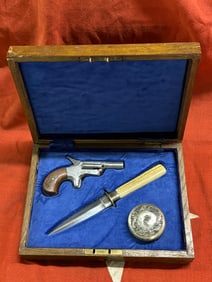ID'D & DATED 1876 CASED SET INCLUDING UNDERWOOD LONDON BOWIE KNIFE & POCKET PISTOL