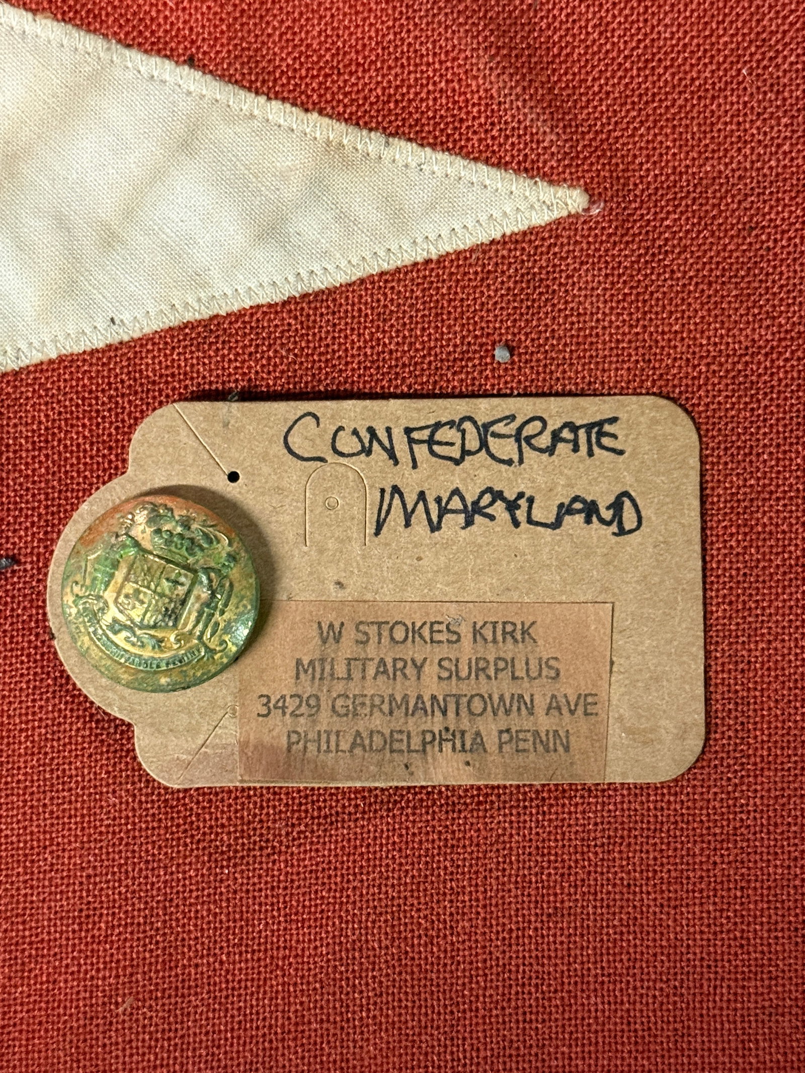 CIVIL WAR CONFEDERATE CSA MARYLAND COAT BUTTON BY W. STOKES KIRK: CIVIL WAR CONFEDERATE CSA MARYLAND COAT BUTTON BY W. STOKES KIRK. A RARE EXAMPLE THAT IS IN MINT OVERALL SHAPE AND CONDITION WITH A BEAUTIFUL OVERALL PATINA. SHOWS GOOD WEAR AND USE. PLEASE VIEW ALL D