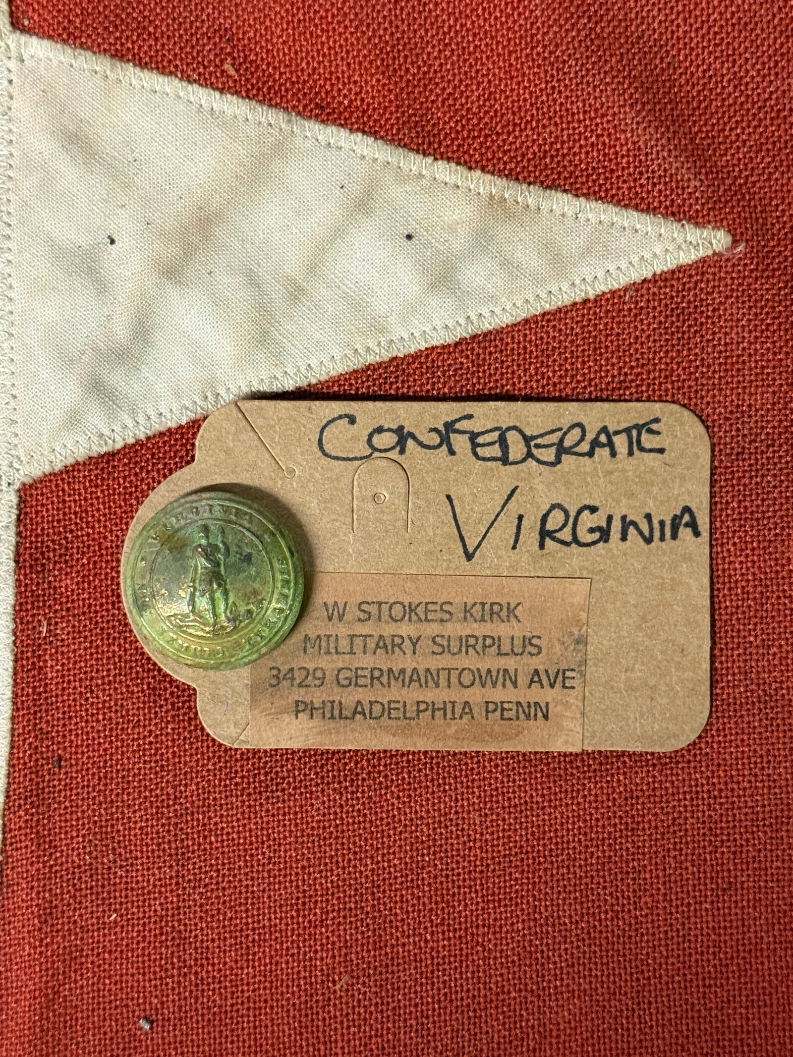 CIVIL WAR CONFEDERATE CSA VIRGINIA COAT BUTTON BY W. STOKES KIRK: CIVIL WAR CONFEDERATE CSA VIRGINIA COAT BUTTON BY W. STOKES KIRK. A RARE EXAMPLE THAT IS IN MINT OVERALL SHAPE AND CONDITION WITH A BEAUTIFUL OVERALL PATINA. SHOWS GOOD WEAR AND USE. PLEASE VIEW ALL D