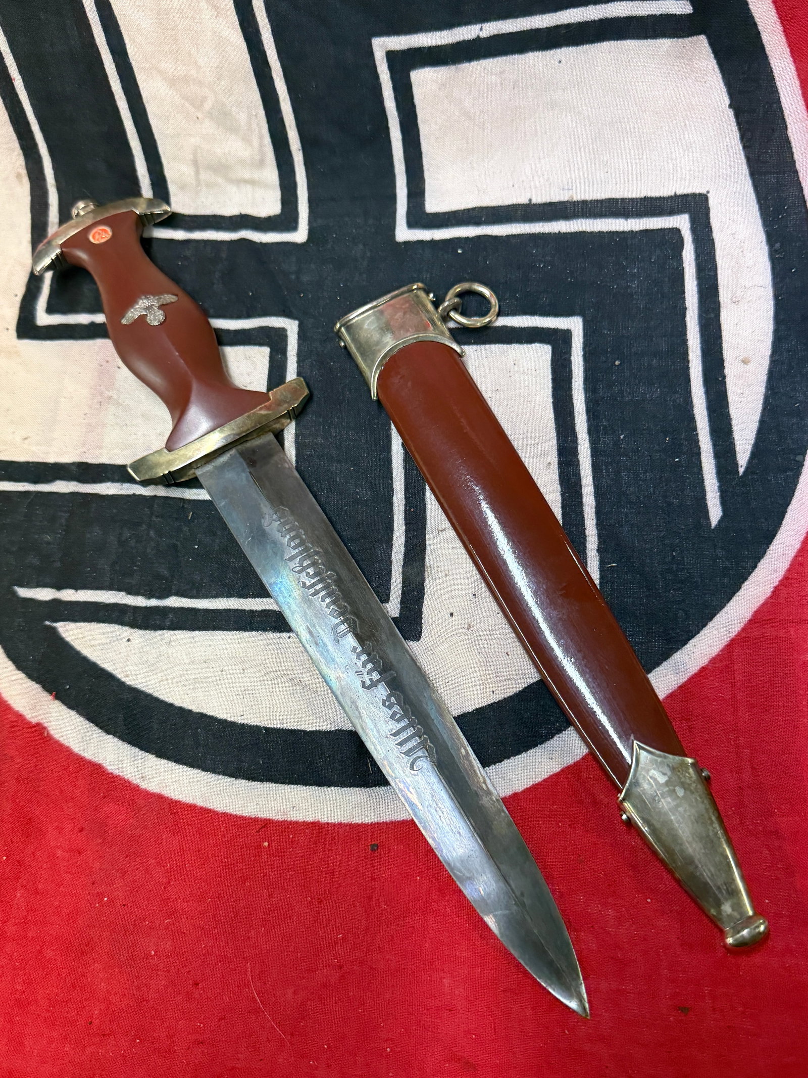 WW2 GERMAN SA "ALLES FUR DEUTSCHLAND" DAGGER BY BOKER SOLINGEN: WW2 GERMAN SA "ALLES FUR DEUTSCHLAND" DAGGER BY BOKER SOLINGEN. AN ULTRA RARE FIND THAT IS IN MINT OVERALL SHAPE AND CONDITION WITH A BEAUTIFUL OVERALL PATINA. APPEARS TO BE WELL USED. SHOWS FIELD WEA