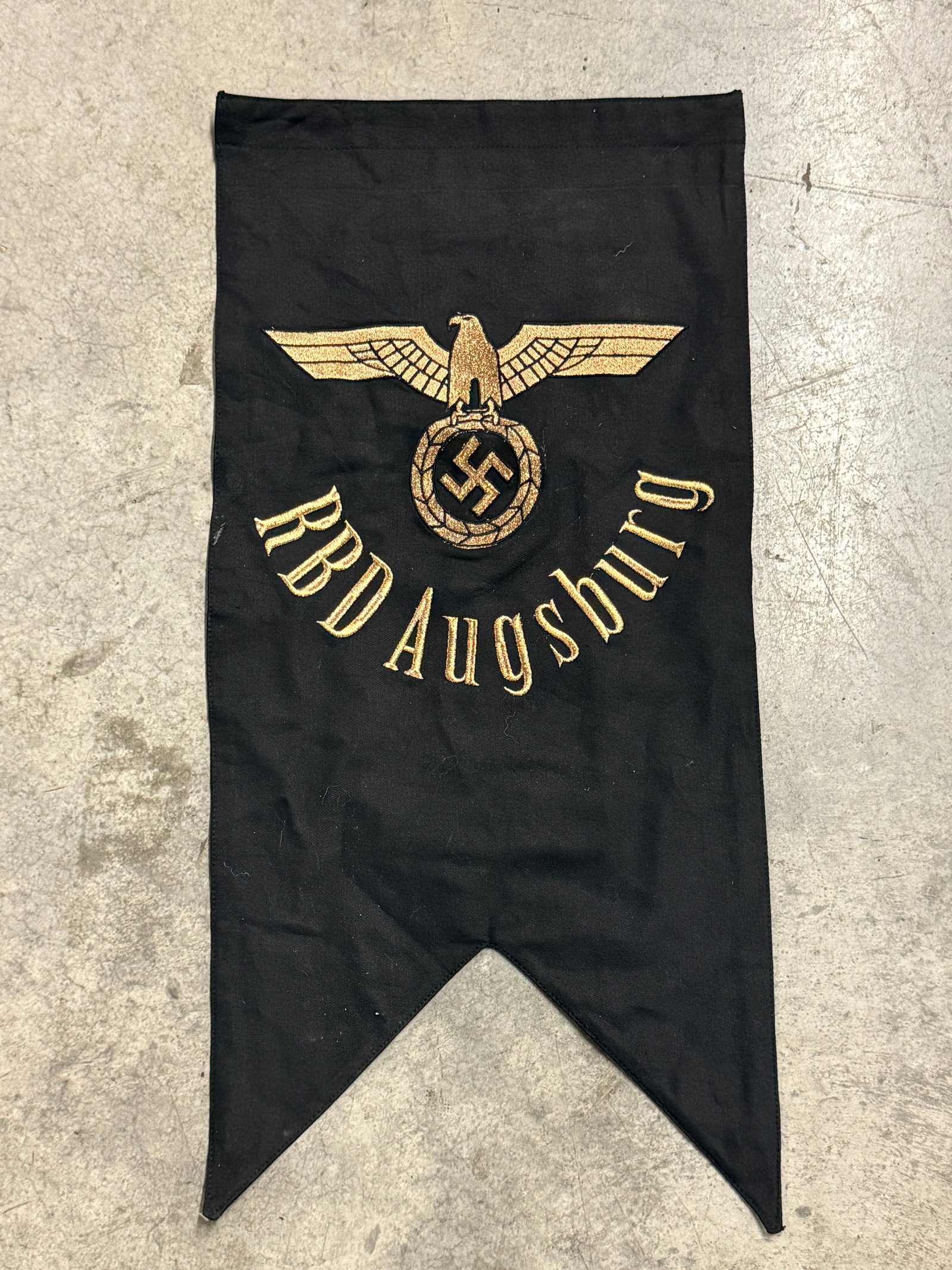German WWII Reichsbahndirektion Augsburg (RBD Augsburg) Pennant: German WWII Reichsbahndirektion Augsburg (RBD Augsburg) Pennant. An ultra rare find. Shows good wear and use with a beautiful overall patina. Please view all detailed pictures. A very rare example of 