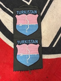 UNCUT LOT OF (2) WW2 GERMAN ARMY TURKISTAN SLEEVE SHIELDS PATCHES