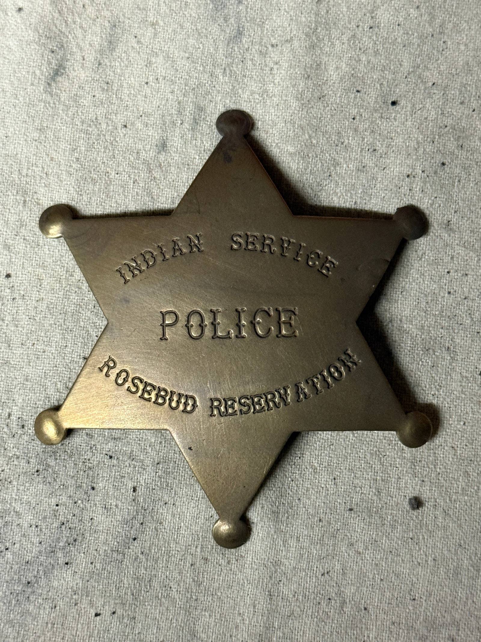1800'S INDIAN SERVICE POLICE ROSEBUD RESERVATION BADGE: 1800'S INDIAN SERVICE POLICE ROSEBUD RESERVATION BADGE. A RARE EXAMPLE. IT IS IN MINT OVERALL SHAPE AND CONDITION WITH A BEAUTIFUL OVERALL PATINA. HAS A GREAT LOOK TO IT WITH AN EXCELLENT OVERALL EYE 