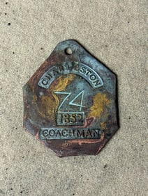 DATED 1852 #74 CHARLESTON COACHMAN SLAVE TAG SERVANT ID