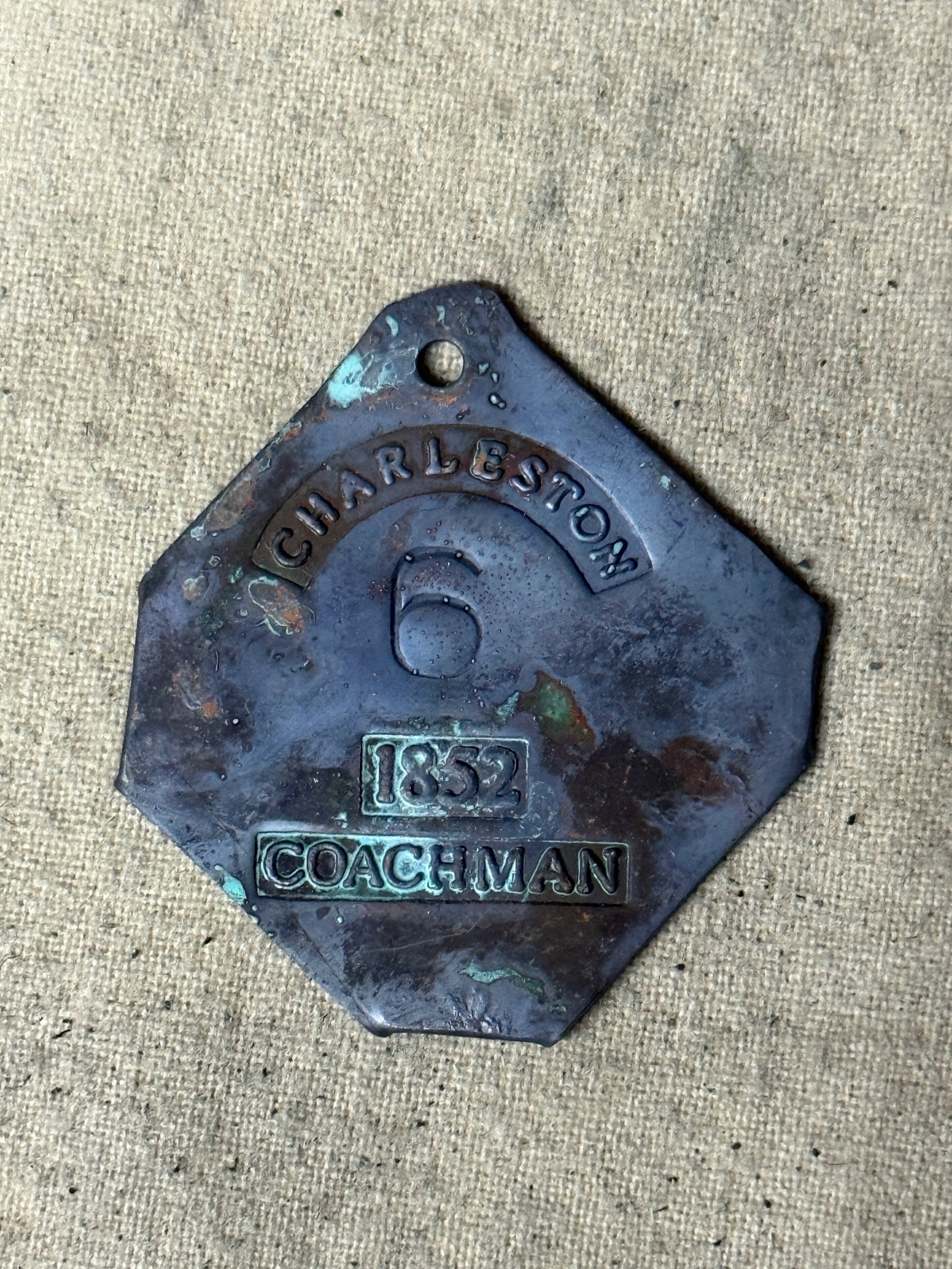 DATED 1852 CHARLESTON #6 COACHMAN SLAVE TAG SERVANT ID: DATED 1852 CHARLESTON #6 COACHMAN SLAVE TAG SERVANT ID. A RARE EXAMPLE. IT IS IN MINT OVERALL SHAPE AND CONDITION WITH A BEAUTIFUL OVERALL PATINA. HAS A GREAT LOOK TO IT WITH AN EXCELLENT OVERALL EYE 