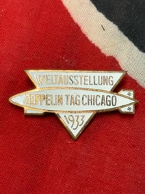 1933 Chicago World's Fair Zeppelin pin, heavy gold-toned metal and white enamel by C.T.D. Ges.