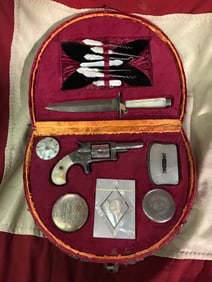 1873 ID'D HATTIE "LADY OF THE EVENING" COMPLETE CASED SET WITH GUN, DAGGER, ETC.