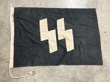 WW2 GERMAN WAFFEN SS FLAG ON BLACK FIELD WITH WHITE SS RUNES AND MARKED SS