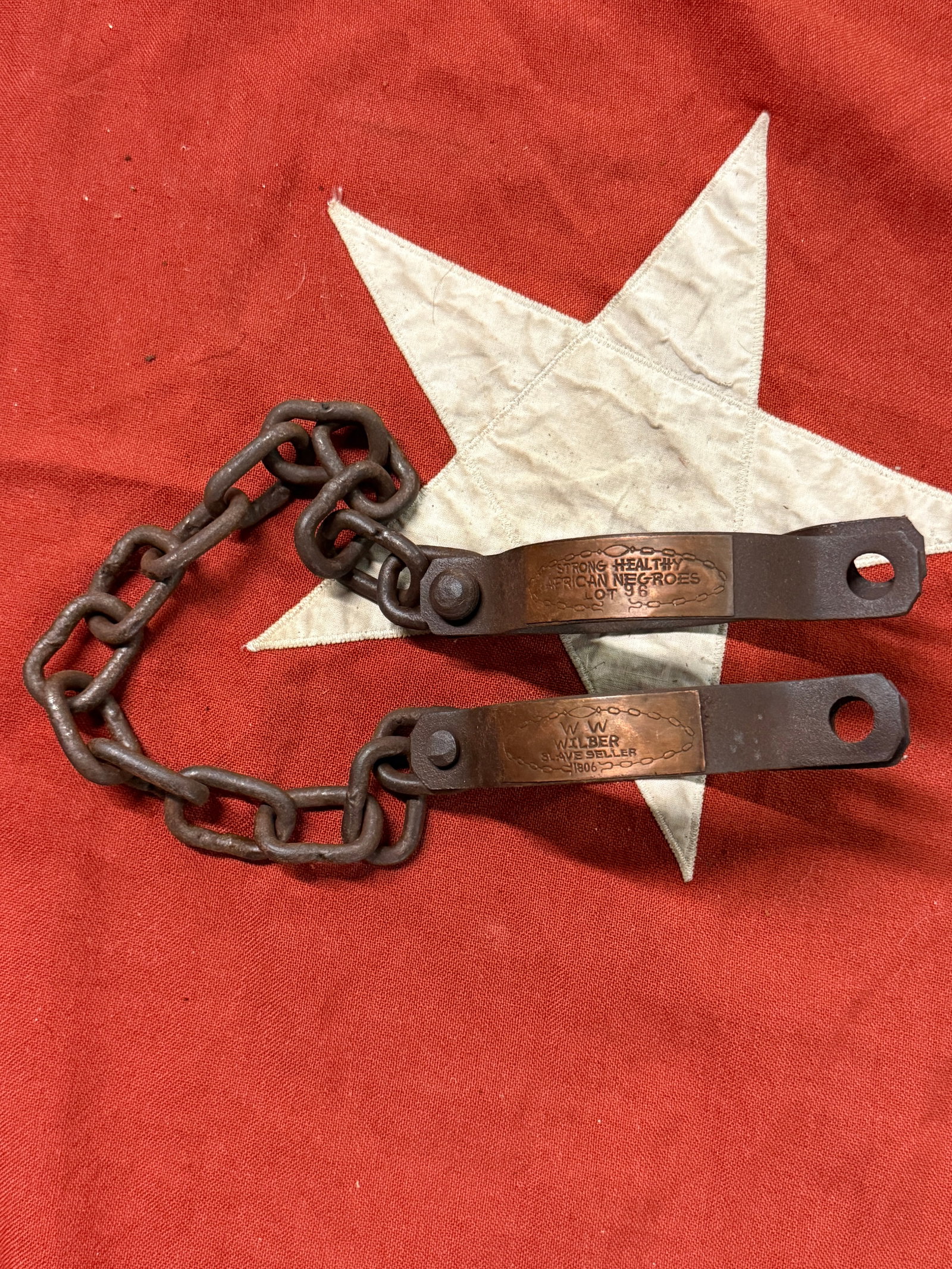 1806 W.W. WILBER SLAVE SELLER SHACKLES: 1806 W.W. WILBER SLAVE SELLER SHACKLES. A RARE FIND. SHOWS GOOD WEAR AND USE WITH A BEAUTIFUL OVERALL PATINA. VERY WELL MARKED WITH THE LOT NUMBER, ETC. PLEASE VIEW ALL DETAILED PICTURES. A RARE FIND 