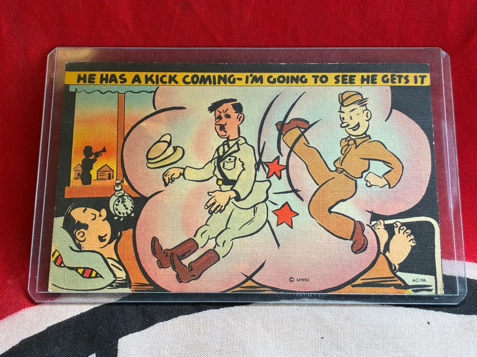 WW2 GERMAN ADOLF HITLER HAS A KICK COMING PROPAGANDA POSTCARD: WW2 GERMAN ADOLF HITLER HAS A KICK COMING PROPAGANDA POSTCARD. A RARE EXAMPLE THAT IS IN MINT OVERALL SHAPE AND CONDITION. PLEASE VIEW ALL DETAILED PICTURES. A VERY RARE EXAMPLE.