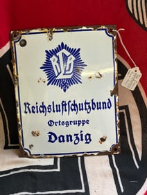 WW2 German Enameled "Reichsluftschutzbund Ortsgruppe Danzig" Porcelain Enameled Plaque Sign - Vet
