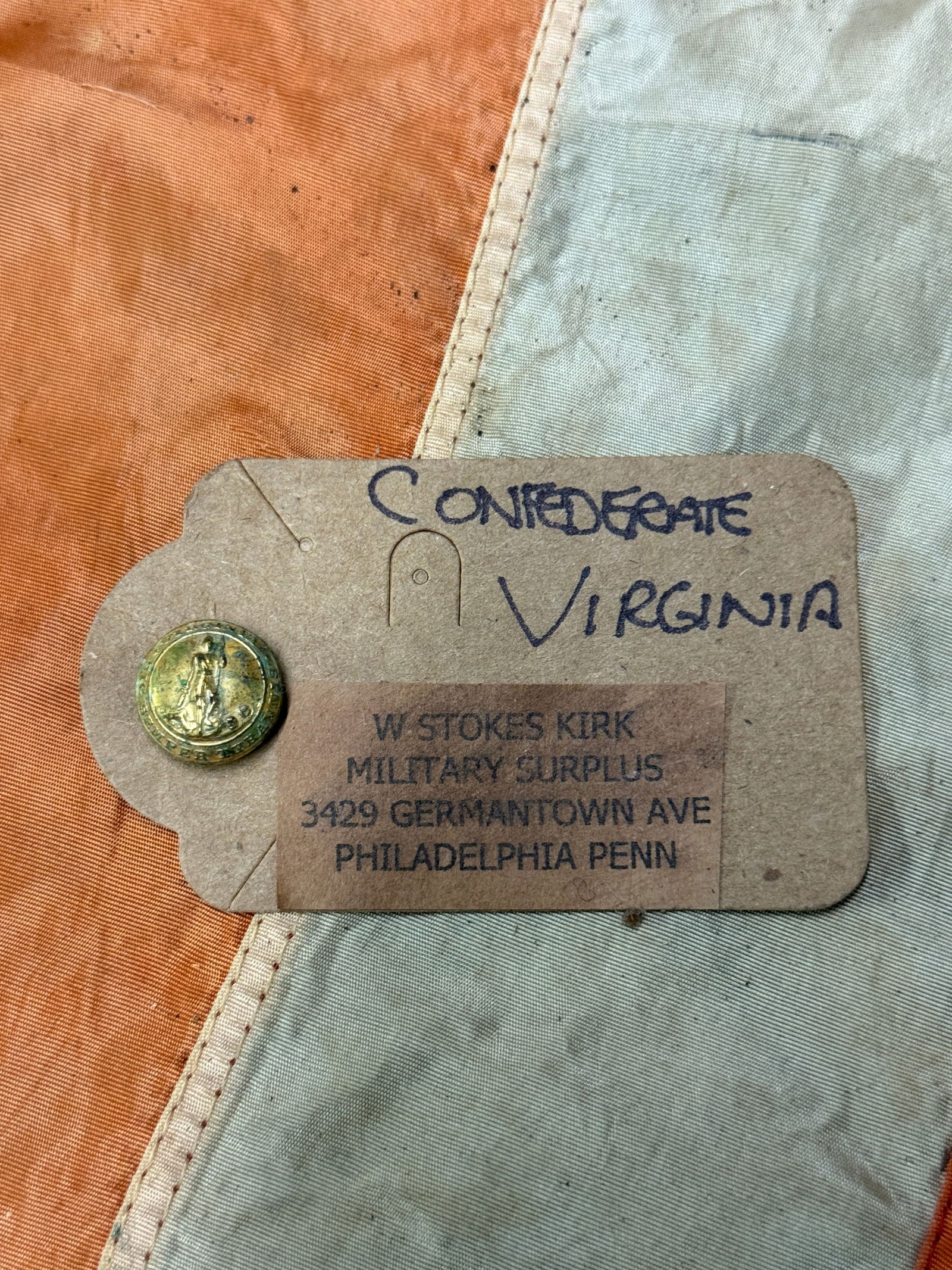 CIVIL WAR CONFEDERATE VIRGINIA CUFF BUTTON BY W. STOKES KIRK: CIVIL WAR CONFEDERATE VIRGINIA CUFF BUTTON BY W. STOKES KIRK. AN ULTRA RARE FIND THAT IS IN MINT OVERALL SHAPE AND CONDITION WITH A BEAUTIFUL OVERALL PATINA. HAS A GREAT LOOK TO IT WITH AN EXCELLENT O