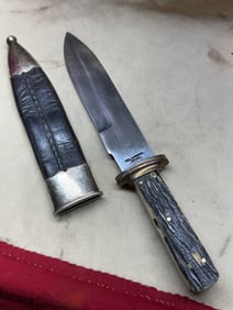 1800'S ENGRAVED HORN HANDLE LARGE BOWIE BY WILL & FINCK CO. S.F. CAL.