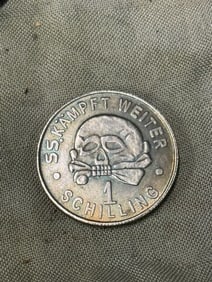 RARE WW2 GERMAN TOTENKOPF SS KAMPFT WEITER 1 SCHILLING SILVER COIN