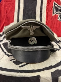 RARE WW2 GERMAN WAFFEN SS SADDLE SHAPED OFFICER VISOR CAP WITH MAKER MARKS & RZM PAPER TAG