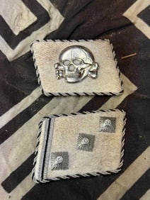 PAIR OF WW2 GERMAN TOTENKOPF SS OFFICER COLLAR TABS WITH RZM PAPER TAG