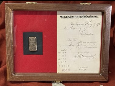 1876 WELLS FARGO & CO 2.63 OZT 114K GOLD BAR INGOT WITH WF BANK CERTIFICATION DOCUMENT