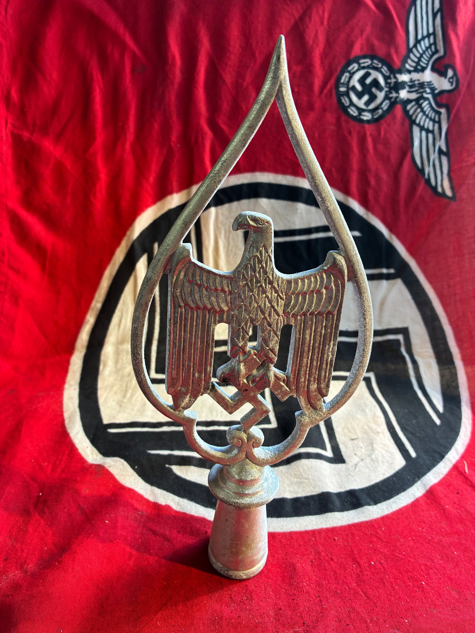 WW2 German Heer Regimental standard pole top finial: WW2 German Heer Regimental standard pole top finial. Has all the proper hand filing marks one should expect. RARE. The Heer was the land forces component of the Wehrmacht, the regular German Armed For