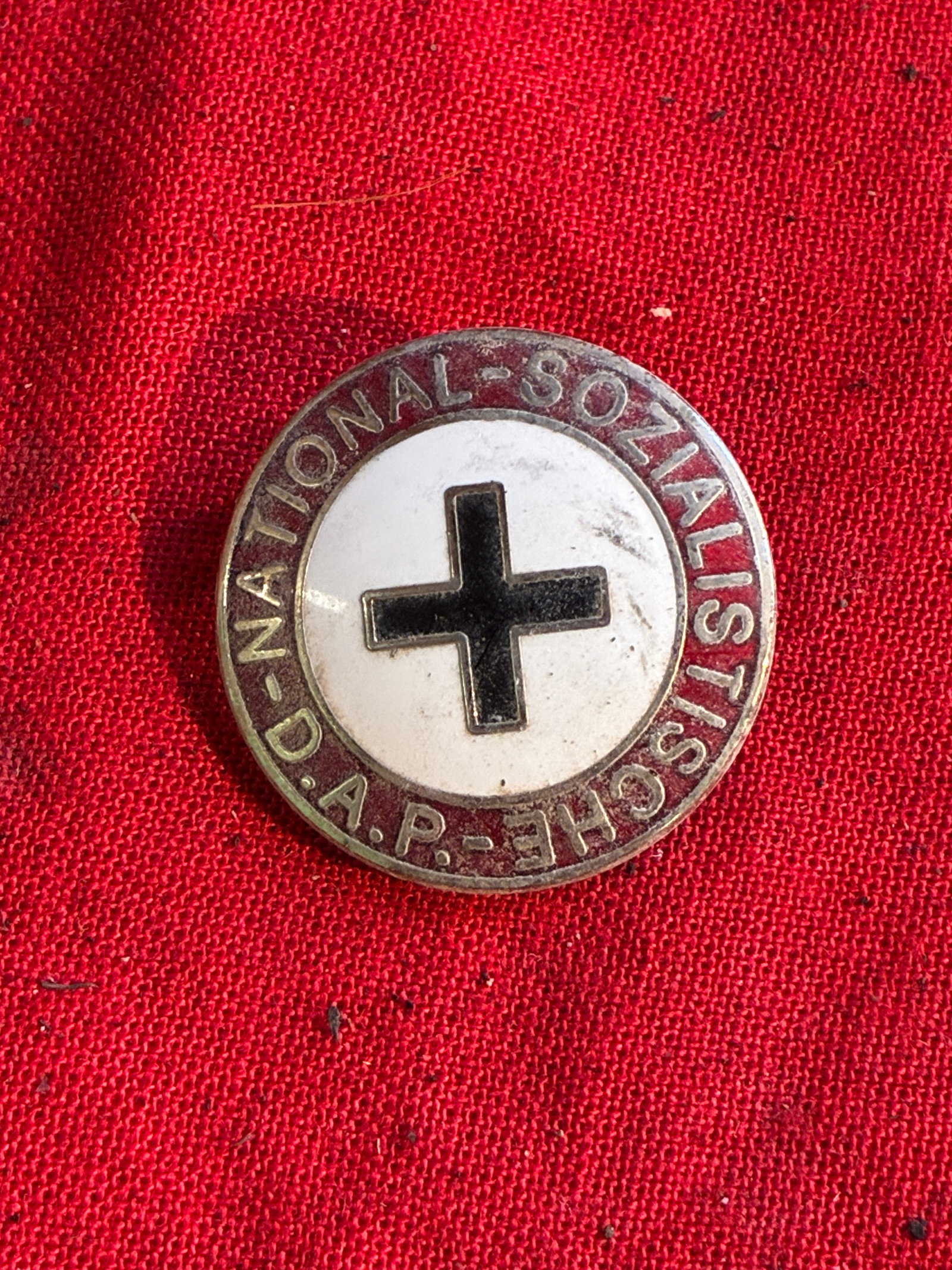 WW2 GERMAN DAP NATIONAL SOZIALISTISCHE LAPEL ENAMELED PIN BADGE BY RZM M1/129: WW2 GERMAN DAP NATIONAL SOZIALISTISCHE LAPEL ENAMELED PIN BADGE BY RZM M1/129. AN ULTRA RARE FIND THAT IS IN MINT OVERALL SHAPE AND CONDITION WITH A BEAUTIFUL OVERALL PATINA. SHOWS GOOD WEAR AND USE.