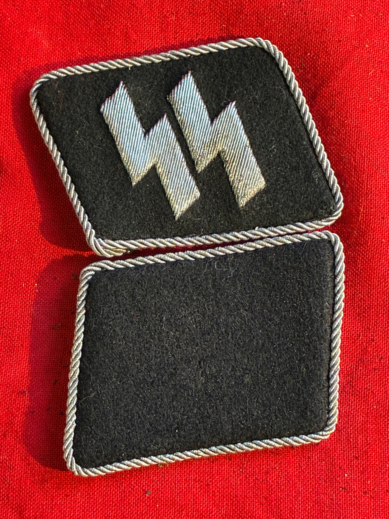 PAIR OF WW2 GERMAN WAFFEN SS COLLAR TABS SET WITH RZM PAPER TAG: PAIR OF WW2 GERMAN WAFFEN SS COLLAR TABS SET WITH RZM PAPER TAG. A VERY RARE FIND. SHOWS GOOD WEAR AND USE WITH A BEUATIFUL OVERALL PATINA. THIS IS A COMPLETE SET. PLEASE VIEW ALL DETAILED PICTURES.