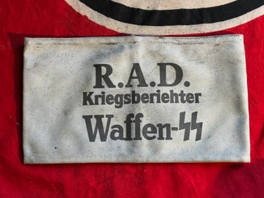 WW2 GERMAN R.A.D. KRIEGSBERIEHTER WAFFEN-SS ARMBAND WITH RZM PAPER TAG
