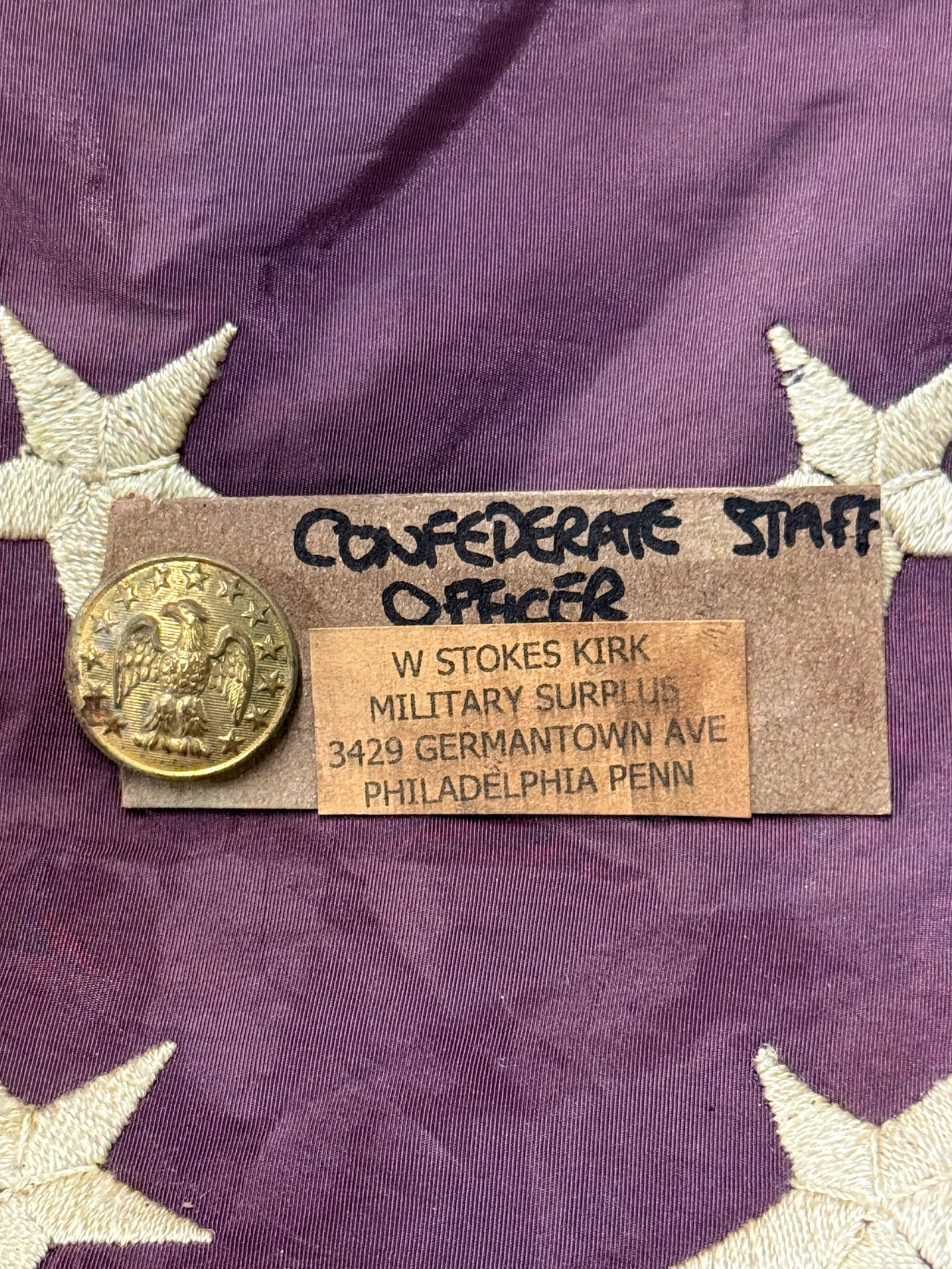 CIVIL WAR CONFEDERATE CSA STAFF OFFICER BUTTON BY W. STOKES KIRK: CIVIL WAR CONFEDERATE CSA STAFF OFFICER BUTTON BY W. STOKES KIRK. A VERY RARE EXAMPLE THAT IS IN MINT OVERALL SHAPE AND CONDITION WITH A BEAUTIFUL OVERALL PATINA. HAS A GREAT LOOK TO IT WITH AN EXCELL