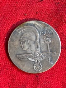 WW2 GERMAN OLYMPICS HAUS DER DEUTSCHEN KUNST GRUNDSTEINLEGUNG 1933 SILVER COMMEMORATIVE COIN