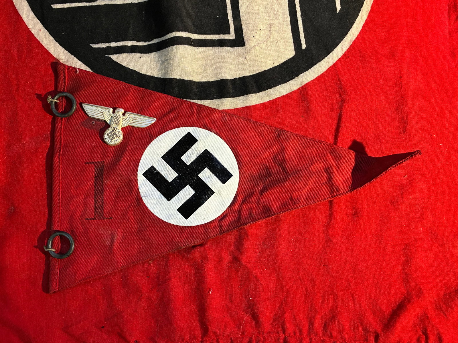 RARE WW2 GERMAN NSDAP POLITICAL VEHICLE PENNANT: RARE WW2 GERMAN NSDAP POLITICAL VEHICLE PENNANT. A RARE FIND. SHOWS GOOD WEAR AND USE WITH A BEAUTIFUL OVERALL PATINA. PLEASE VIEW ALL DETAILED PICTURES. A RARE FIND.