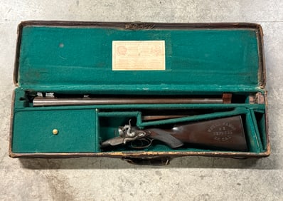 ANTIQUE CASED WELLS FARGO & CO. DOUBLE BARREL ID'D SHOTGUN BY WM. MOORE & CO. LAMINATED STEEL 12 GA.