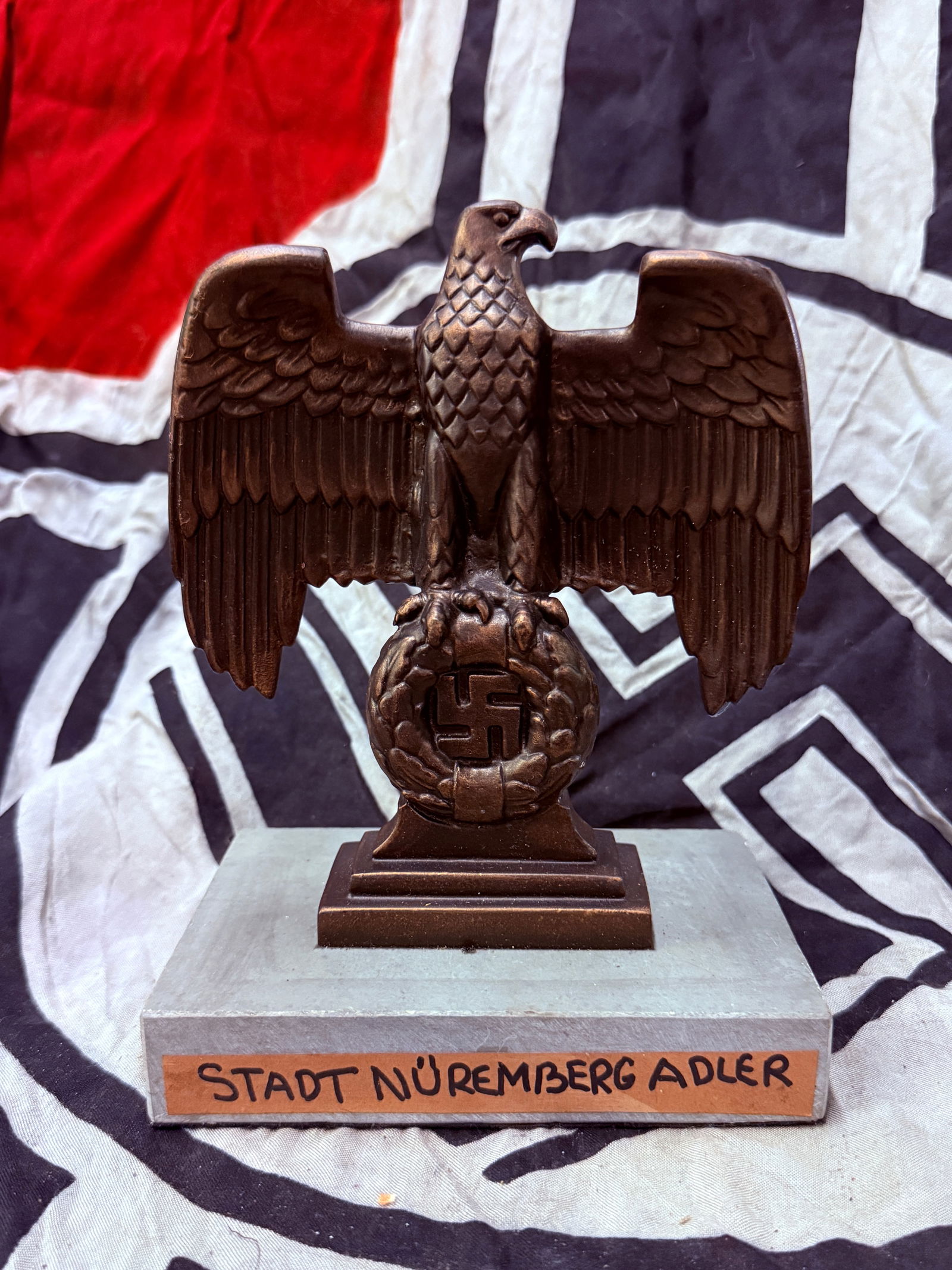 WWII GERMAN THIRD REICH BRONZE NUREMBERG EAGLE: WWII GERMAN THIRD REICH BRONZE NUREMBERG EAGLE. WWII German Third Reich Bronze Nuremberg Eagle. The base of the eagle has a marble base. Excellent shape and overall condition. Please view all detailed
