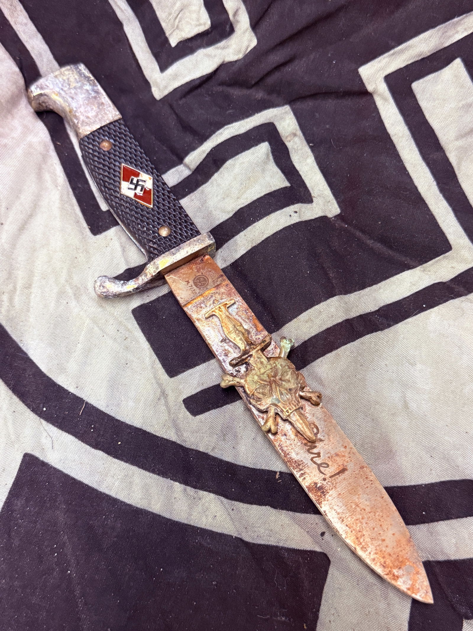 RARE WW2 GERMAN HITLER YOUTH TRENCH ART DAGGER BY RZM: RARE WW2 GERMAN HITLER YOUTH TRENCH ART DAGGER BY RZM. A RARE FIND. SHOWS GOOD WEAR AND USE WITH A BEAUTIFUL OVERALL PATINA. PLEASE VIEW ALL DETAILED PICTURES. A RARE EXAMPLE.