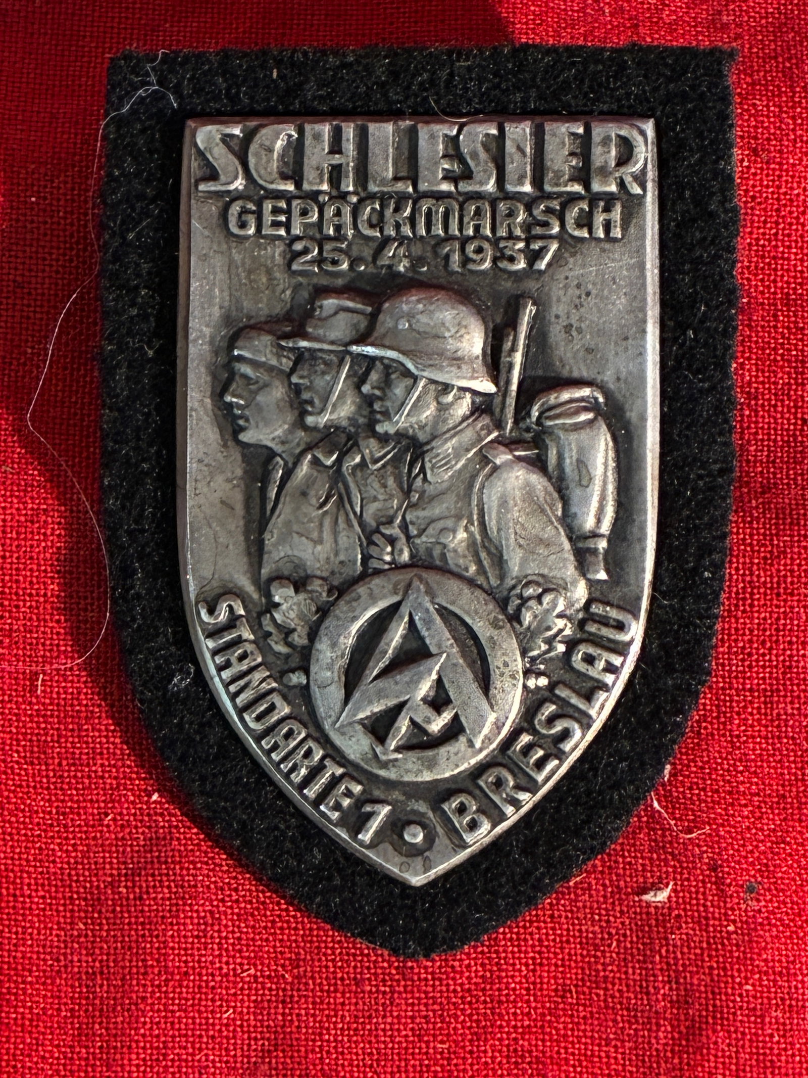 1937 Third Reich Silesia Wroclaw SA Baggage March Championship Badge.: 1937 Third Reich Silesia Wroclaw SA Baggage March Championship Badge. SA "Sturmabteilung" Stormtroopers Brigade. Dimensions 60 x 40mm. Please view all detailed pictures. A rare example of the time per