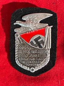 WW2 German N.S.D.A.P. A Gau Mecklenburg-Lübeck 10-Year Anniversary Badge