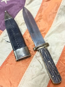 1800'S M. PRICE MICHAEL PRICE STAG HANDLE HUNTING BOWIE KNIFE WITH LEATHER SHEATH
