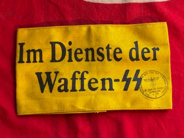 WW2 GERMAN IM DIENSTE DER WAFFEN SS ARMBAND WITH RZM PAPER TAG AND INSPECTION STAMP