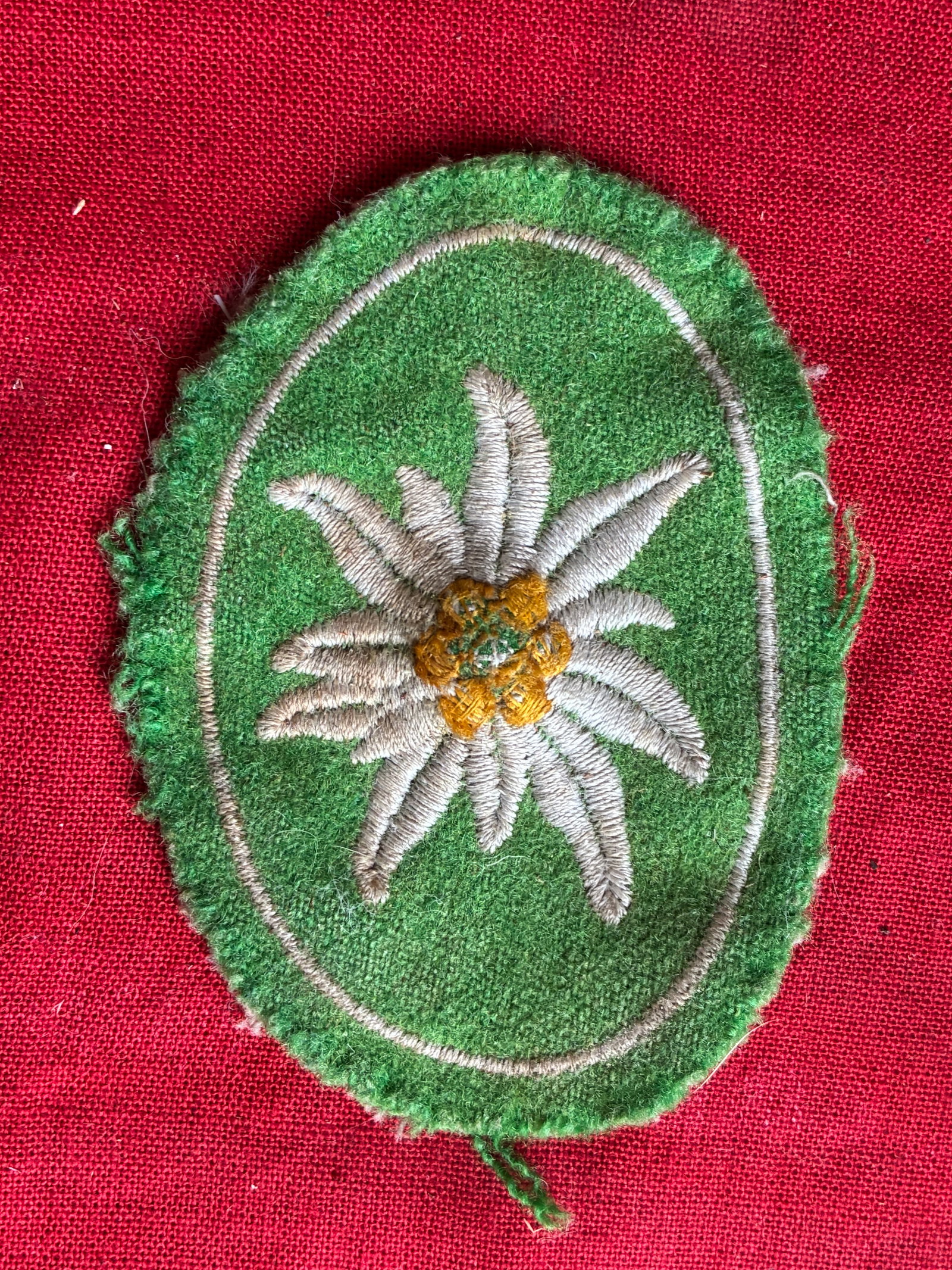SCARCE WW2 GERMAN MOUNTAIN TROOPS EDELWEISS CLOTH BADGE: SCARCE WW2 GERMAN MOUNTAIN TROOPS EDELWEISS CLOTH BADGE. A VERY RARE FIND. SHOWS GOOD WEAR AND USE WITH A BEAUTIFUL OVERALL PATINA. SHOWS GOOD WEAR AND USE. PLEASE VIEW ALL DETAILED PICTURES. A RARE E