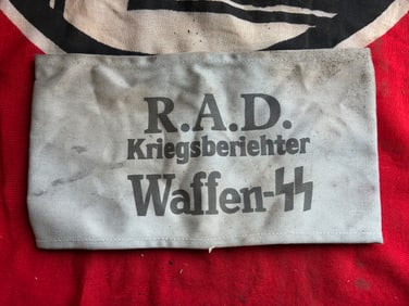 WW2 GERMAN R.A.D. KRIEGSBERIEHTER WAFFEN-SS ARMBAND WITH RZM PAPER TAG