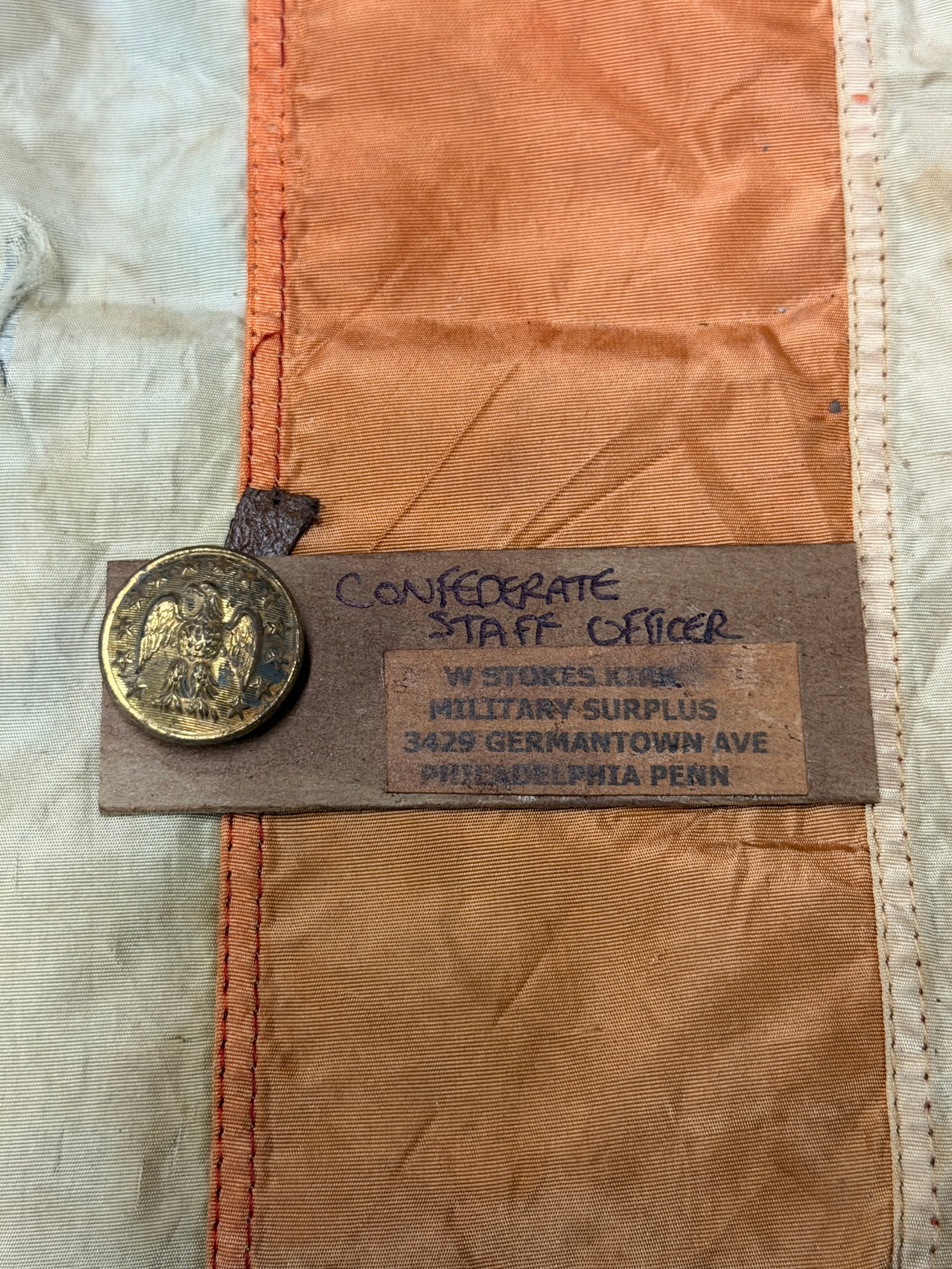 CIVIL WAR CONFEDERATE STAFF OFFICER BUTTON BY W. STOKES KIRK: CIVIL WAR CONFEDERATE STAFF OFFICER BUTTON BY W. STOKES KIRK. A RARE FIND. SHOWS GOOD WEAR AND USE WITH A BEAUTIFUL OVERALL PATINA. HAS A GREAT LOOK TO IT WITH AN EXCELLENT OVERALL EYE APPEAL. A RARE 