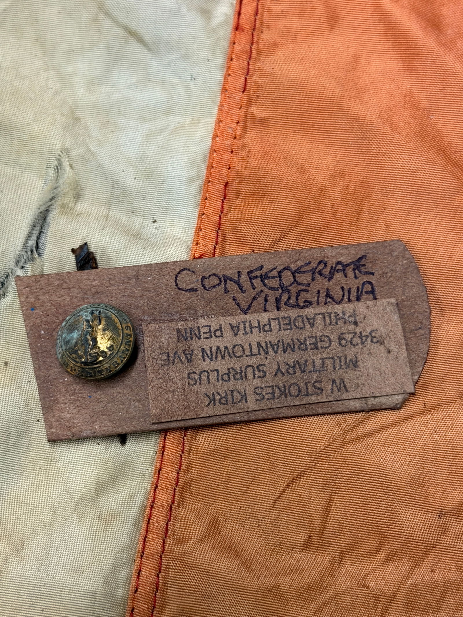 CIVIL WAR CONFEDERATE CSA VIRGINIA CUFF BUTTON BY W. STOKES KIRK: CIVIL WAR CONFEDERATE CSA VIRGINIA CUFF BUTTON BY W. STOKES KIRK. A RARE FIND. SHOWS GOOD WEAR AND USE WITH A BEAUTIFUL OVERALL PATINA. HAS A GREAT LOOK TO IT WITH AN EXCELLENT OVERALL EYE APPEAL. A R