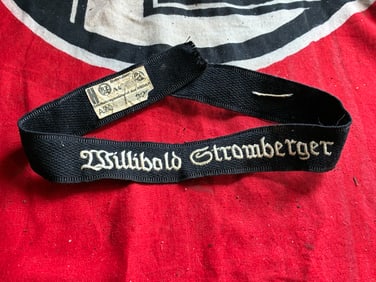 WW2 GERMAN WAFFEN SS WILLIBALD STROMBERGER CUFF TITILE WITH RZM PAPER TAG