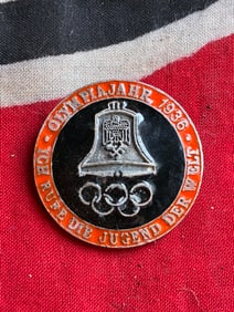 1936 WW2 German Berlin olympics bell red/black enamel badge Marked WOA/53