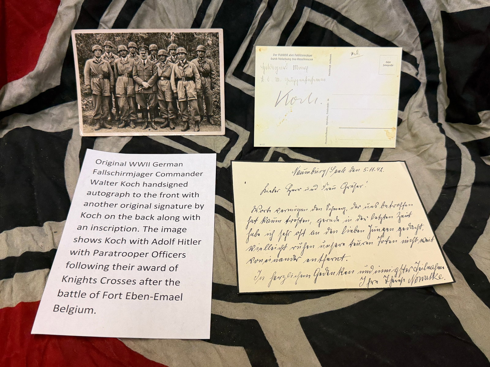 Original WWII German Fallschirmjager Commander Walter Koch handsigned autograph to the front with: Original WWII German Fallschirmjager Commander Walter Koch handsigned autograph to the front with another original signature by Koch. A very rare set that is in mint overall shape and condition. Was b