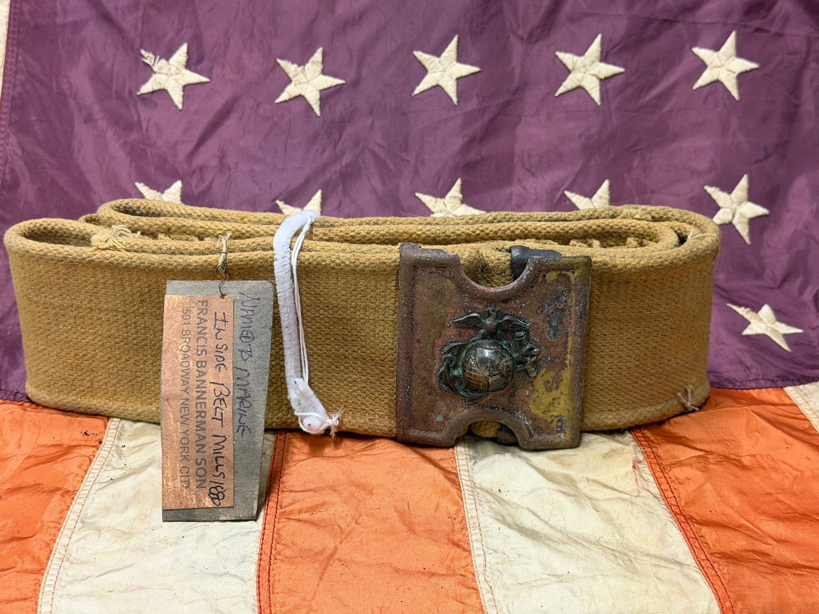 ID'D SGT. A JOHNSTON INDIAN WARS U.S.M.C. M1881 BELT RIG WITH BUCKLE BY FRANCIS BANNERMAN SON: ID'D SGT. A JOHNSTON INDIAN WARS U.S.M.C. M1881 BELT RIG WITH BUCKLE BY FRANCIS BANNERMAN SON. AN ULTRA RARE FIND. SHOWS GOOD WEAR AND USE WITH A BEAUTIFUL OVERALL PATINA. THE BELT IS WELL WORN AND US