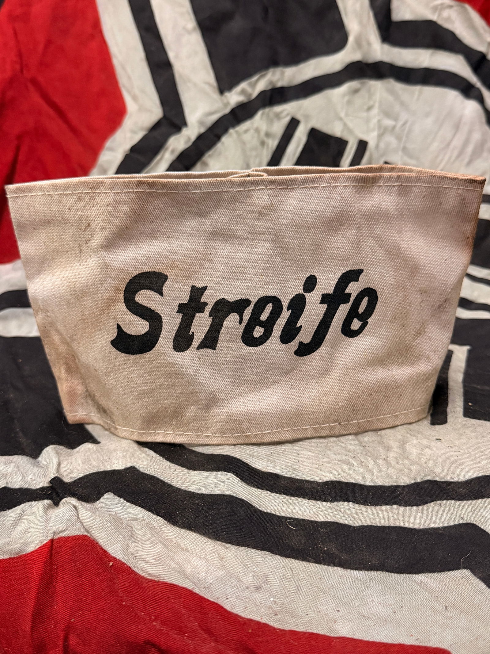 RARE WW2 GERMAN STREIFE BASSARD/ARMBAND WITH RZM PAPER TAG: RARE WW2 GERMAN STREIFE BASSARD/ARMBAND WITH RZM PAPER TAG. AN ULTRA RARE FIND THAT IS IN MINT OVERALL SHAPE AND CONDITION WITH A BEAUTIFUL OVERALL PATINA. SHOWS GOOD WEAR AND USE. A RARE EXAMPLE OF T