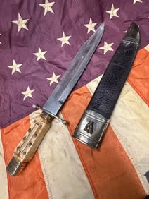1800'S J. ENGLISH & HUBERS SHEFFIELD 8 PIN BONE HANDLE CLIP POINT BOWIE KNIFE W/SHEATH